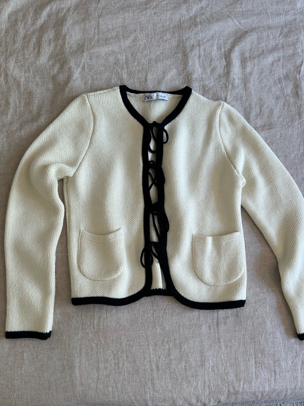 Zara Cream Tie Front Knit Cardigan Contrast Trim Large